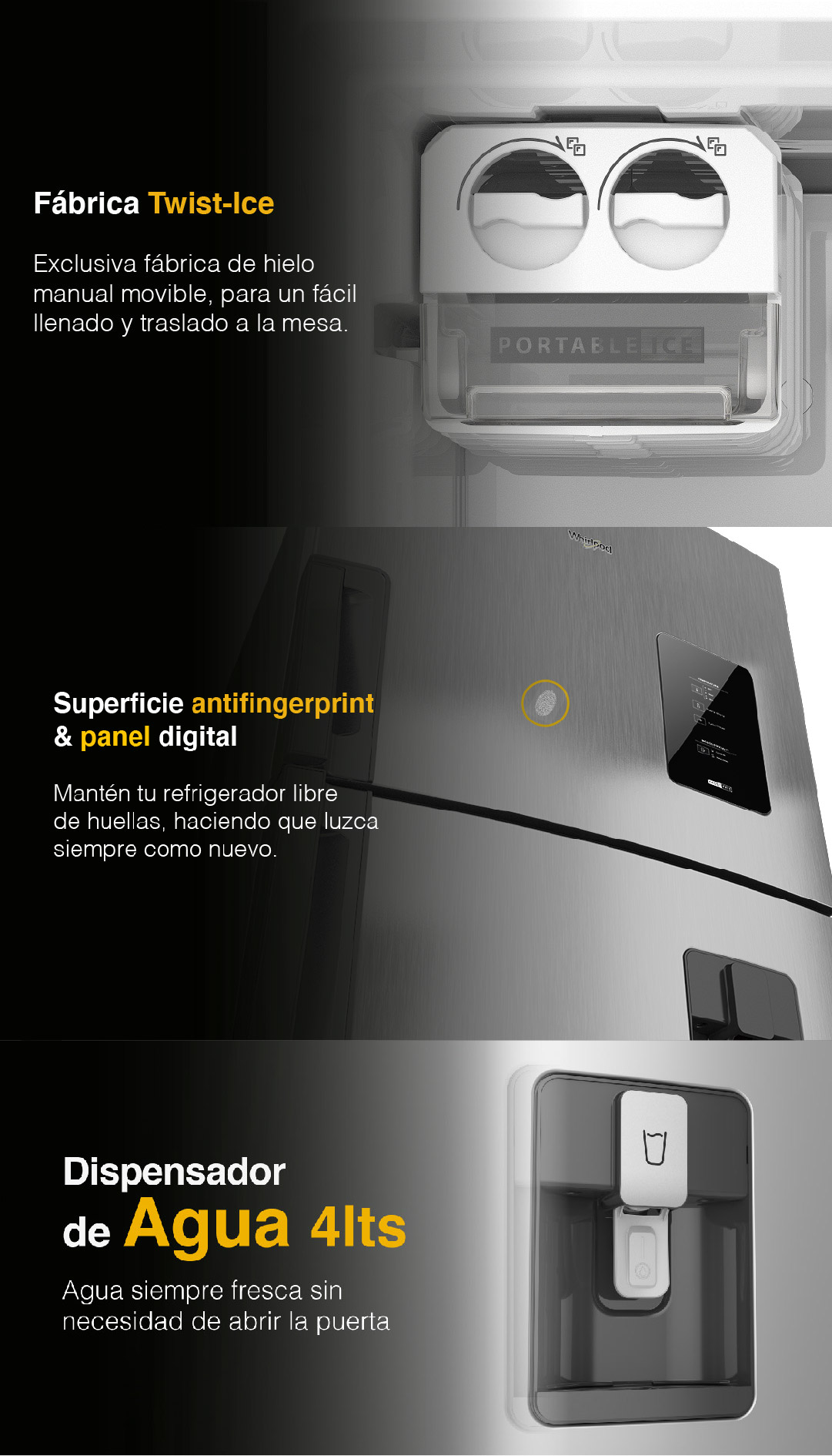 Nevecón 4 puertas Whirlpool 7501545587931. con gran capacidad de almacenamiento y flexibilidad de acomodación.